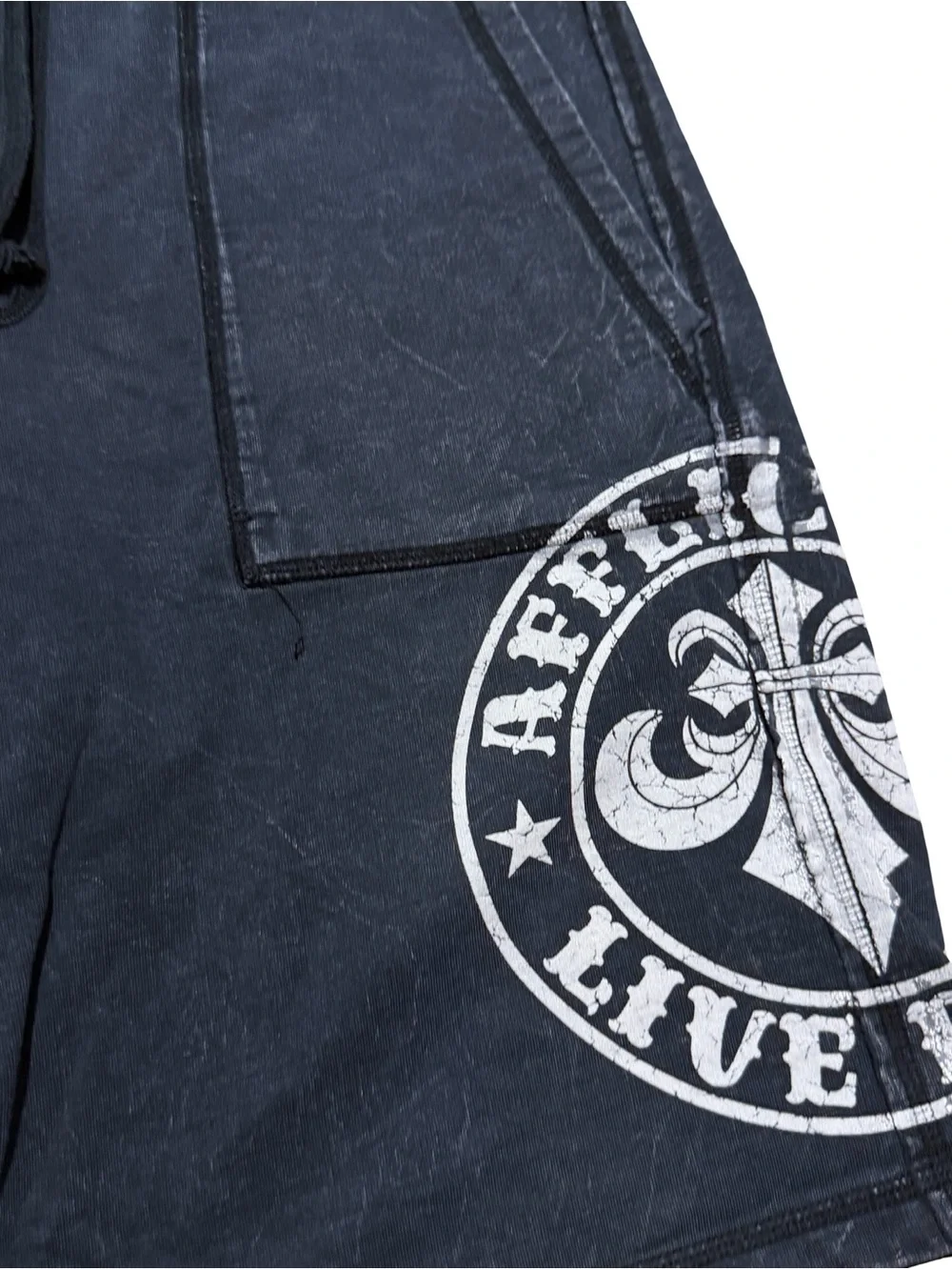 Mens Y2K Affliction Cross Stone Wash Grunge Style Sweat Grey Shorts Size L